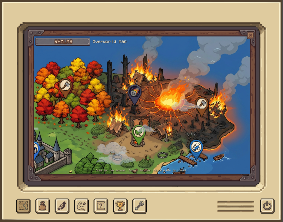 Overworld map with skill pins — woodcutting, fishing, and realm travel.
