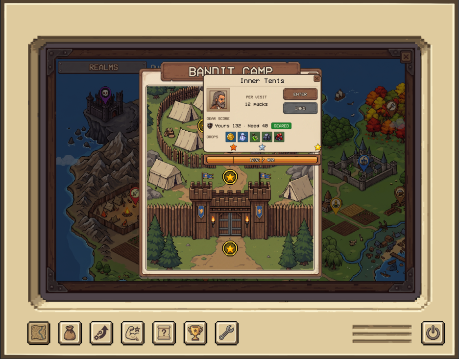 Bandit Camp combat area with gear score and loot drops.
