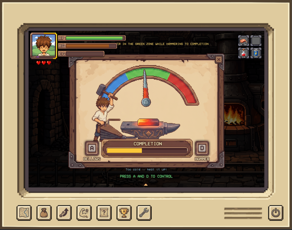 Blacksmithing minigame — heat the metal and hammer in the green zone.