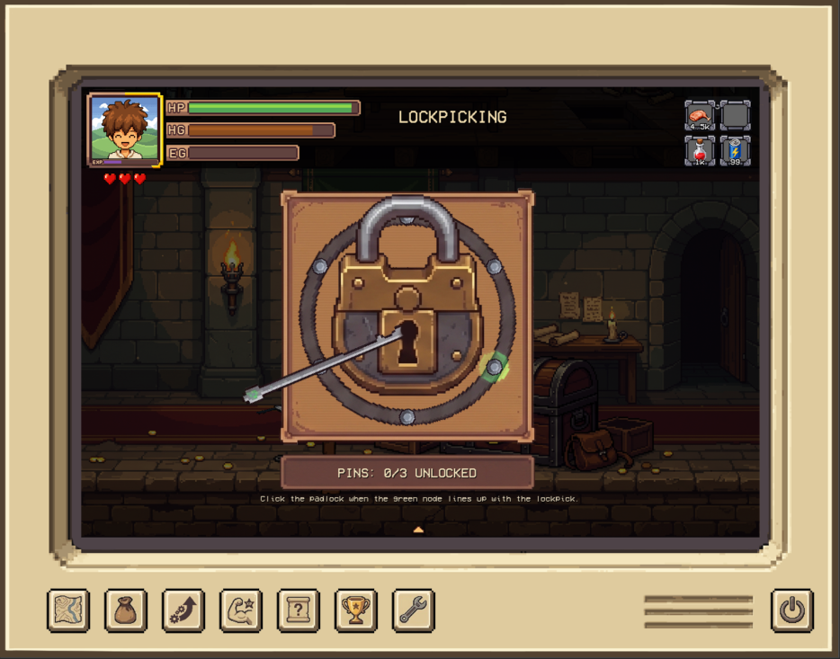 Lockpicking minigame in a dungeon cellar.