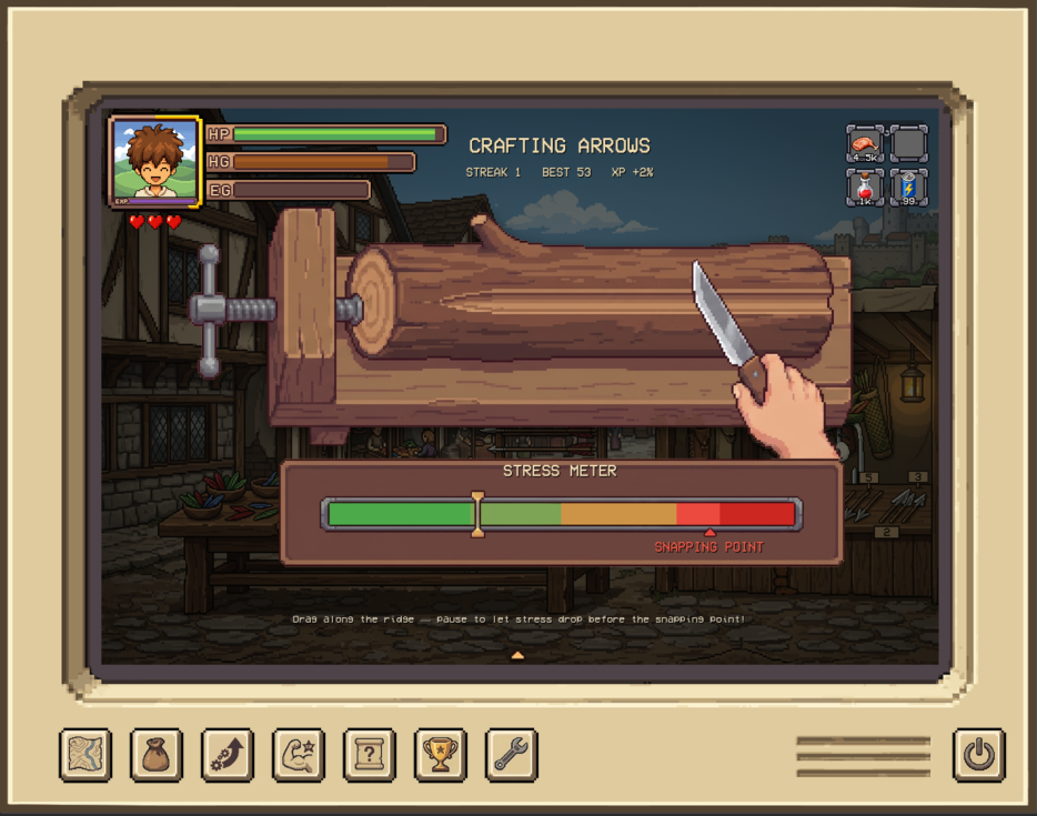Fletching minigame — craft arrows on the stress meter ridge.